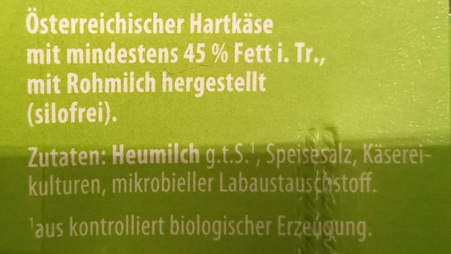 Kaese aus Rohmilch Etikett Zutatenliste