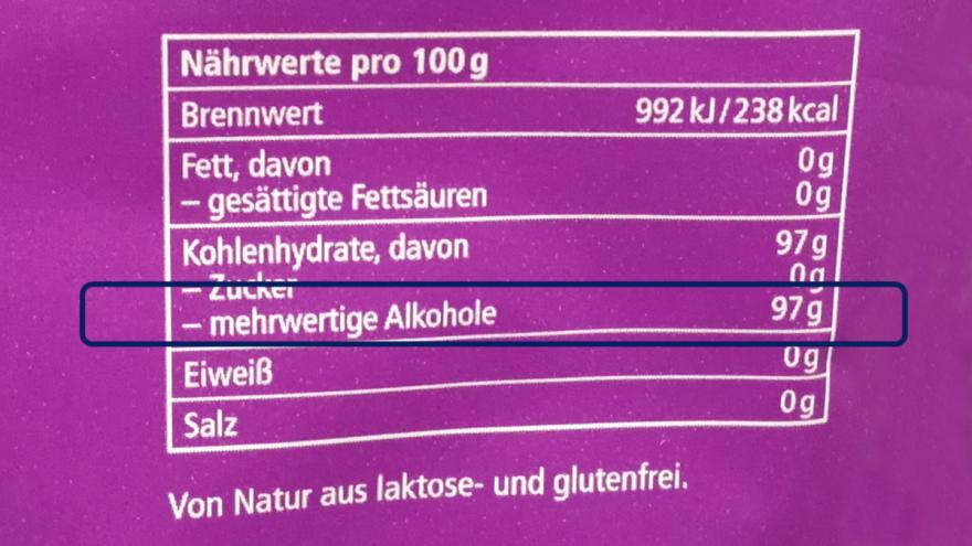 Nährwerttabelle einer Packung zuckerfreier Bonbons, auf der die Angabe "mehrwertige Alkohole" umrandet ist