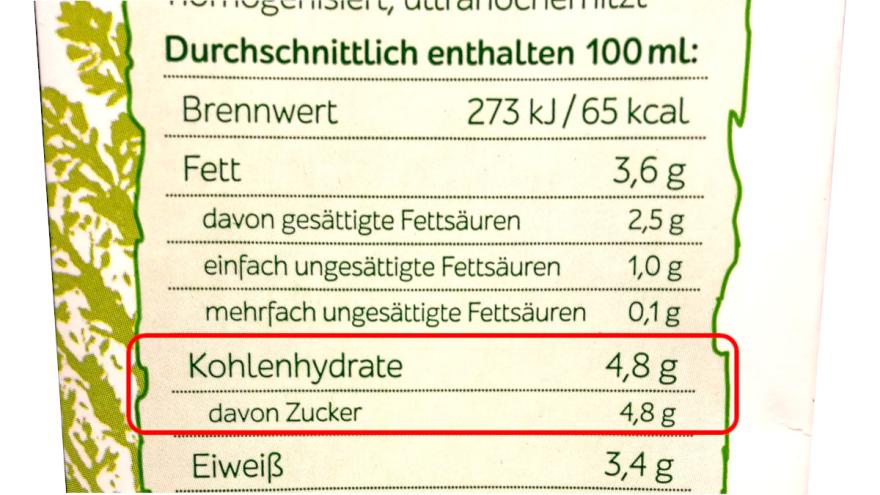 Nährwertangaben auf einer Milchverpackung, unter Kohlenhydraten und davon Zucker stehen jeweils 4,8 g