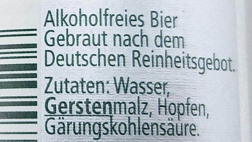 Zutatenliste eines alkoholfreien Bieres