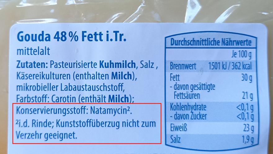 Zutatenliste Käse mit Hinweis auf Rinde und Natamycin