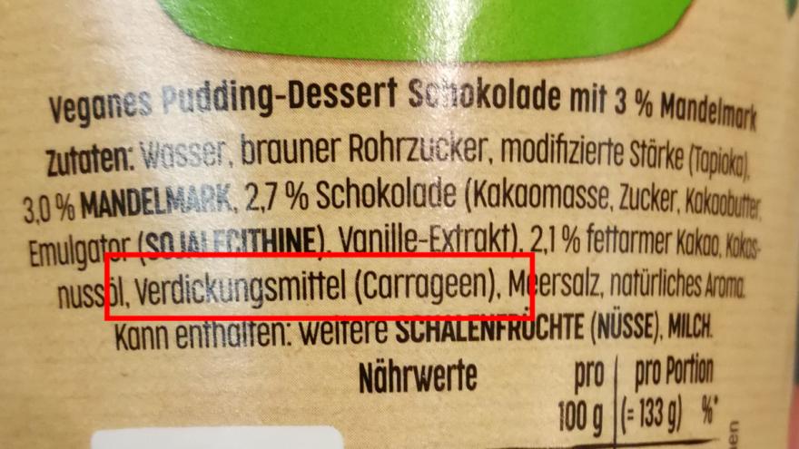 Zutatenliste auf der unter anderem Carrageen gelistet ist