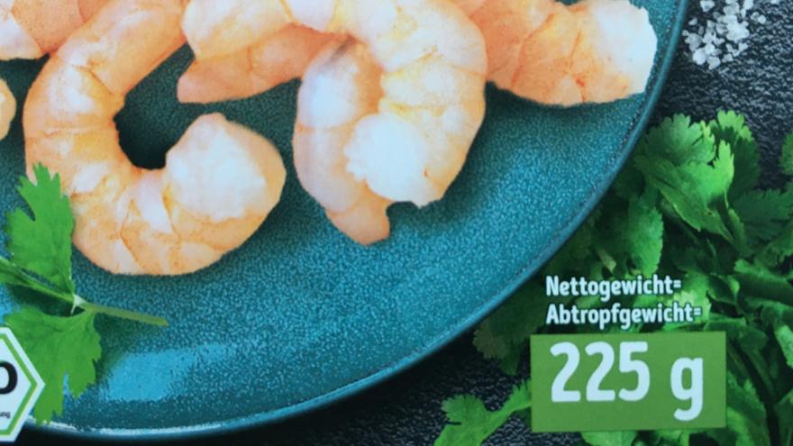 Angabe Nettogewicht ist gleich Abtropfgewicht auf einer Shrimpsverpackung