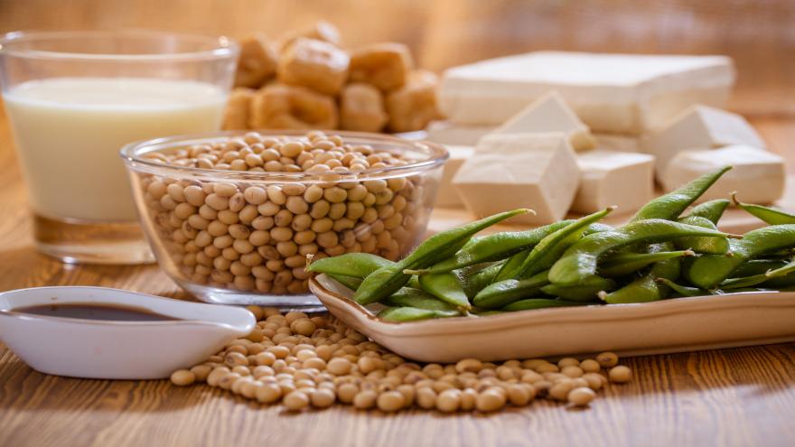 Neben Tofu und Edamame sind weitere Sojaprodukte auf einem Tisch drappiert