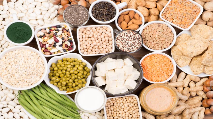 Unterschiedlichste proteinhaltige Optionen für eine vegane Ernährung sind abgebildet. Beispiele sind Nüsse, Tofu, Bohnen oder Quinoa.