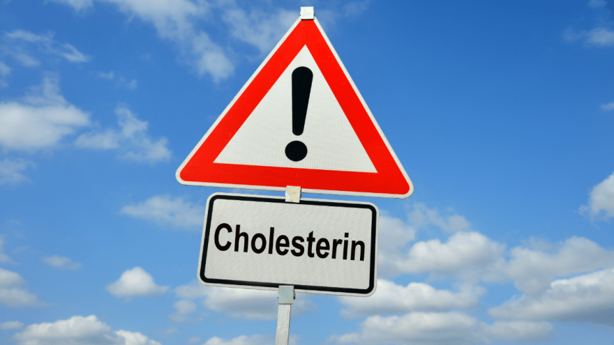 Ein Straßenschild zeigt ein Ausrufezeichen, darunter steht Cholesterin geschrieben
