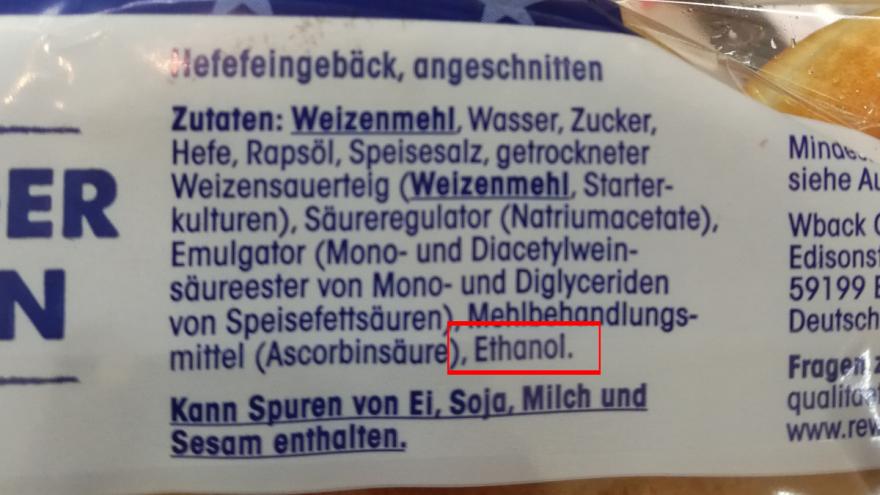 Zutatenliste von Burgerbrötchen, in denen Ethanol enthalten ist