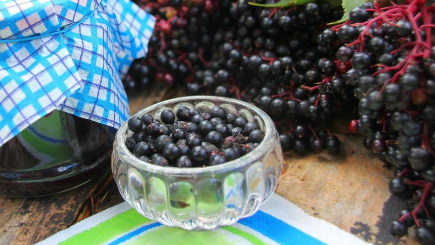 Eine Schüssel mit Holunderbeeren und ein Glas mit Holundermarmelade