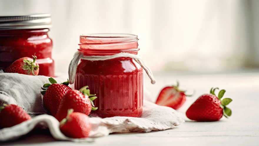 Zwei Gläser mit Erdbeermarmelade auf einem Tisch