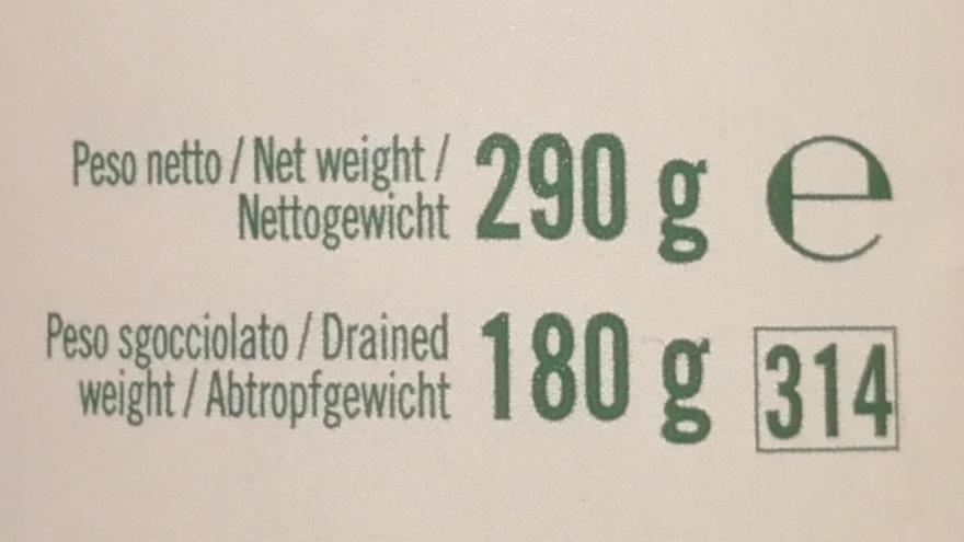 Angabe des Gewicht und Abtropfgewichts auf der Verpackung