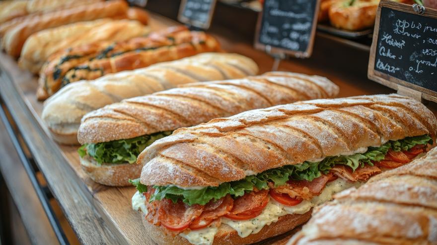 Eine Reihe von Baguettes, die mit Käse, Salat und Tomaten belegt sind