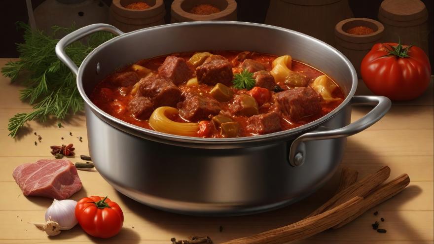 Ein Topf mit Gulaschsuppe, Fleisch und Gemüse