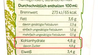 Nährwertangaben auf einer Milchverpackung, unter Kohlenhydraten und davon Zucker stehen jeweils 4,8 g
