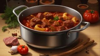 Ein Topf mit Gulaschsuppe, Fleisch und Gemüse